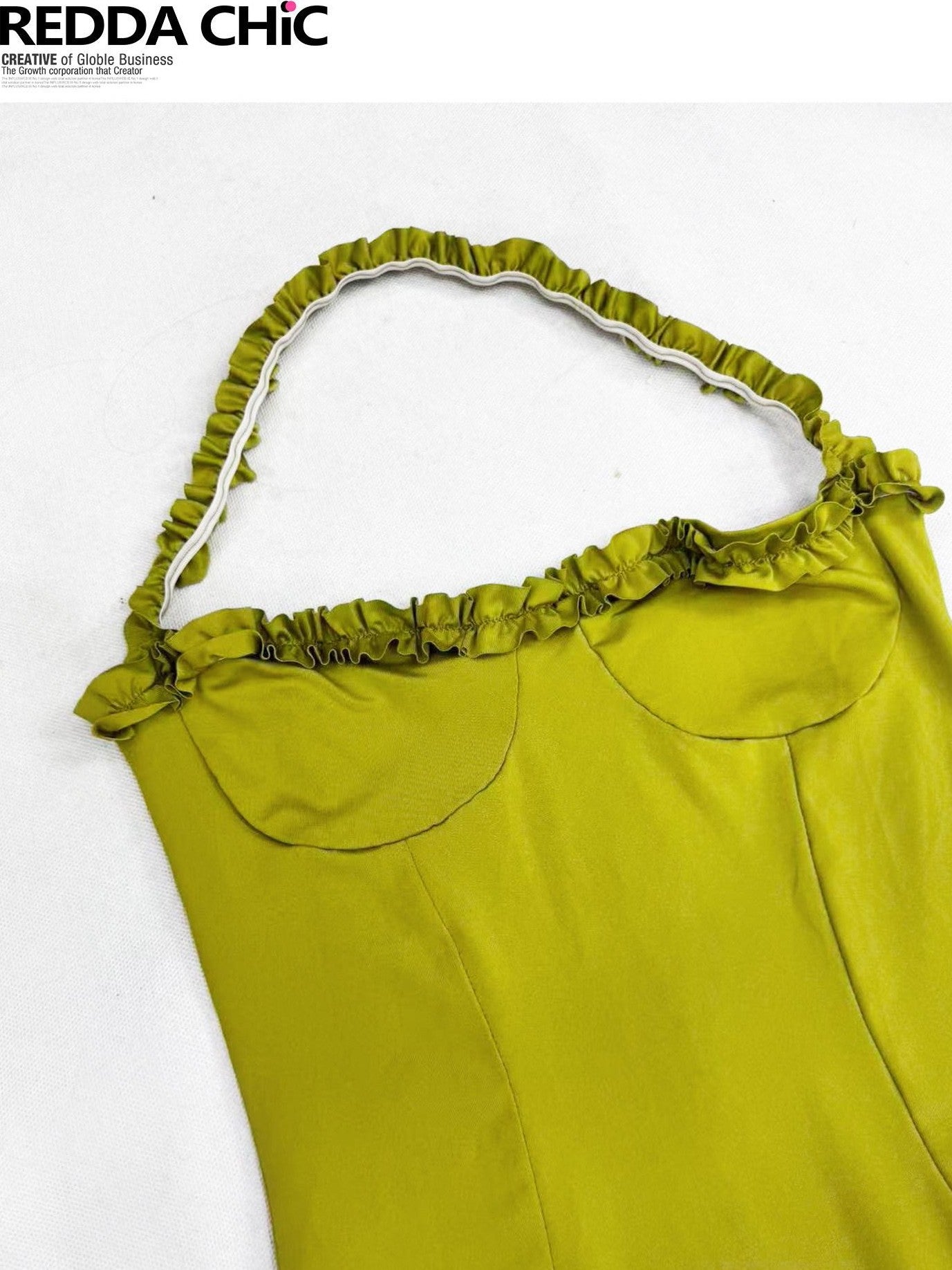 REDDACHIC Sage Green Ruffle Halter Asymmetric Vintage Women'S Polyester Slip Midi Dresses