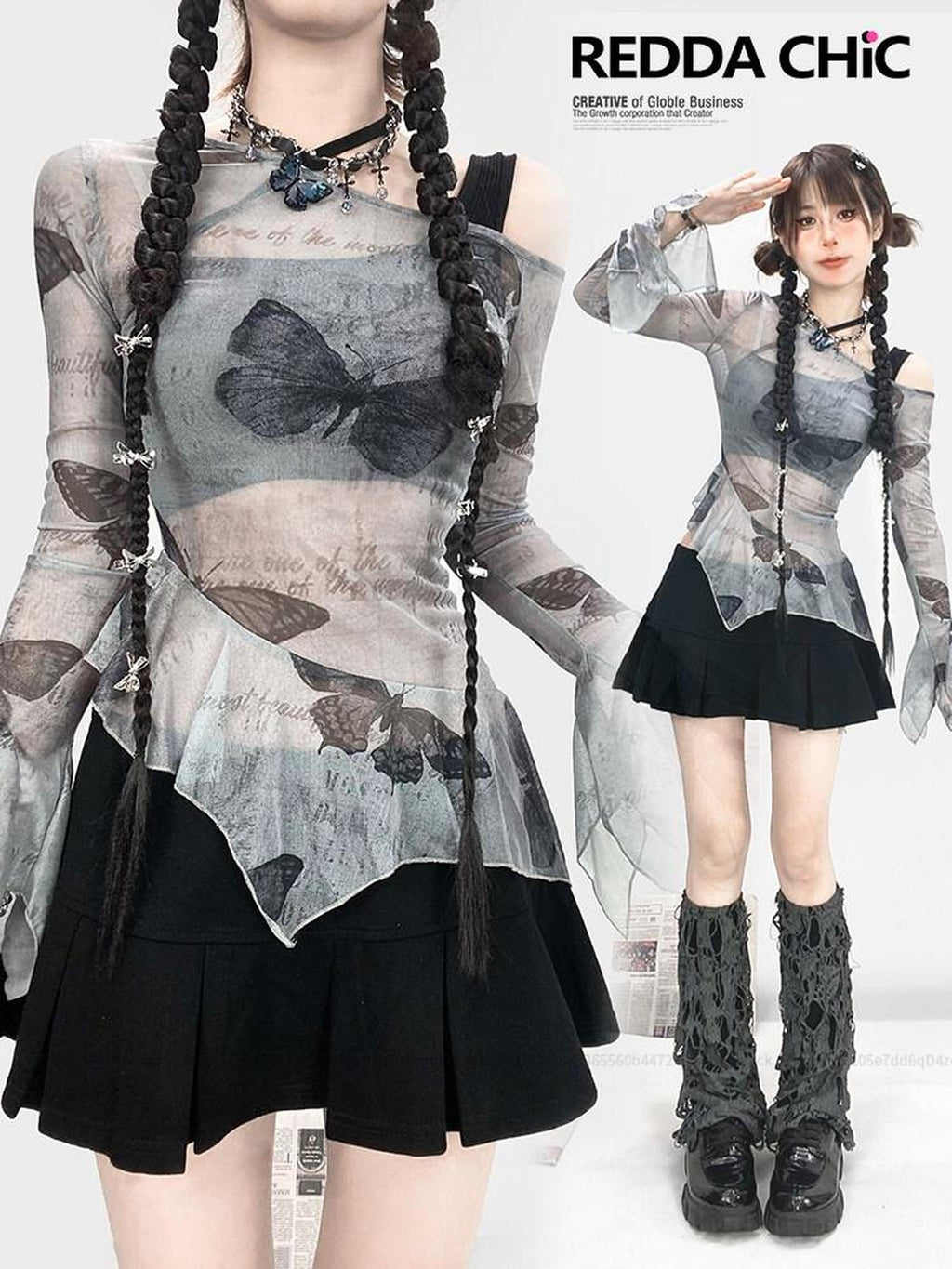REDDACHIC Sheer Butterfly Off Shoulder Asymmetrical Ruffle Women'S Long Sleeve T-Shirts
