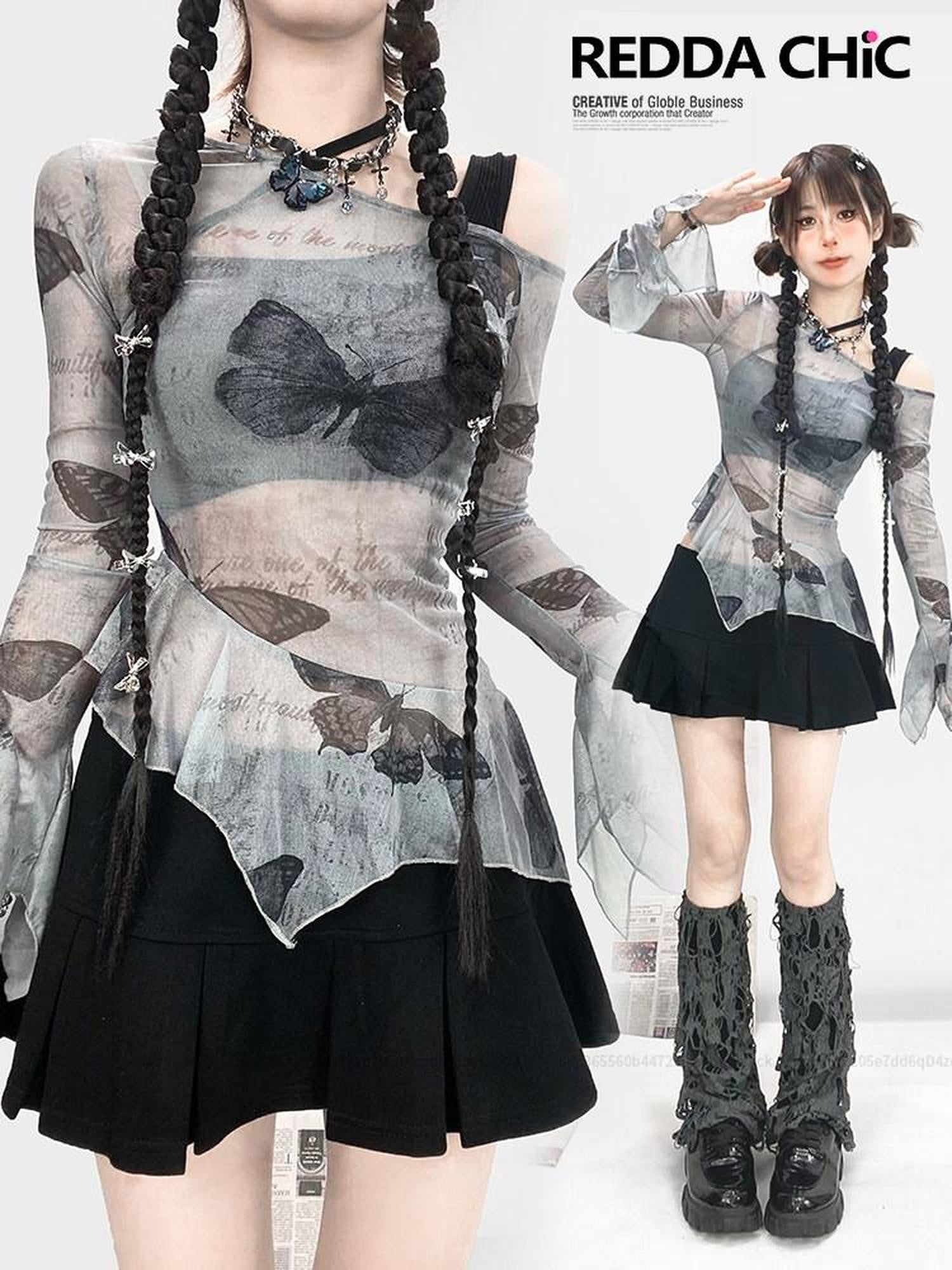 REDDACHIC Sheer Butterfly Off Shoulder Asymmetrical Ruffle Women'S Long Sleeve T-Shirts