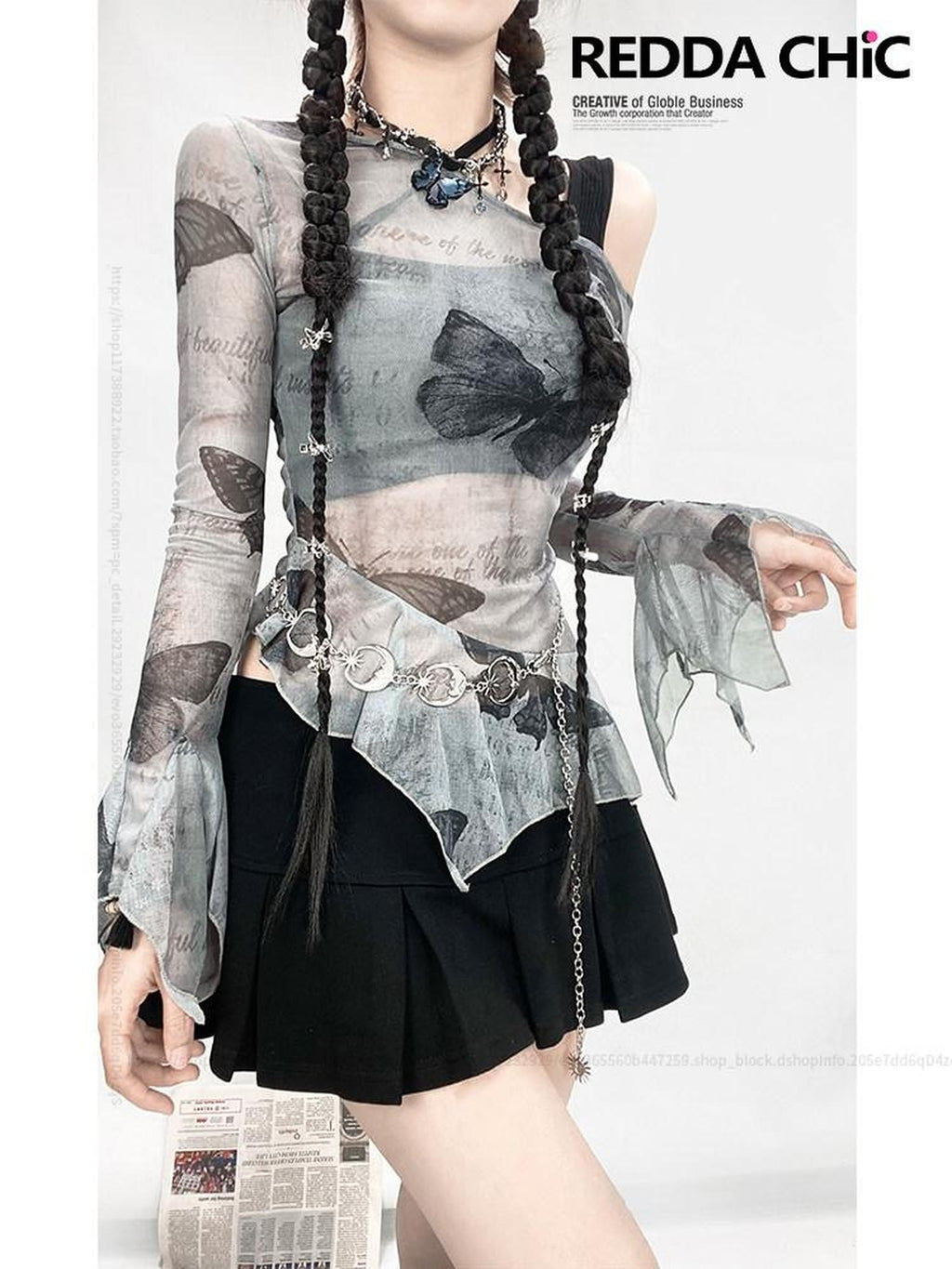 REDDACHIC Sheer Butterfly Off Shoulder Asymmetrical Ruffle Women'S Long Sleeve T-Shirts