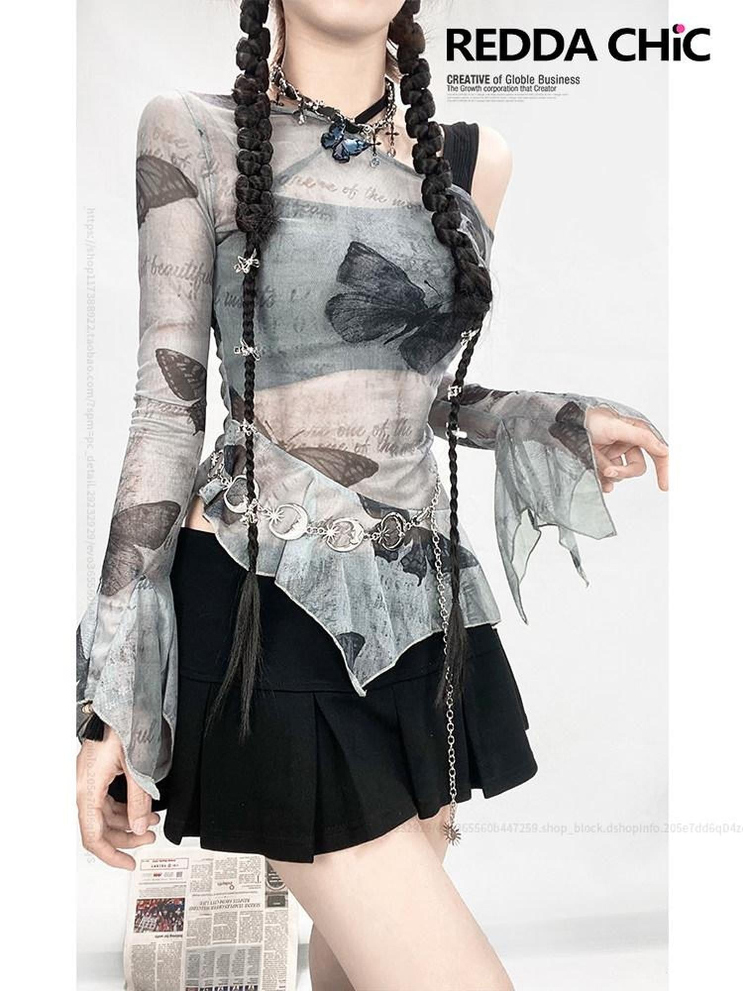 REDDACHIC Sheer Butterfly Off Shoulder Asymmetrical Ruffle Women'S Long Sleeve T-Shirts