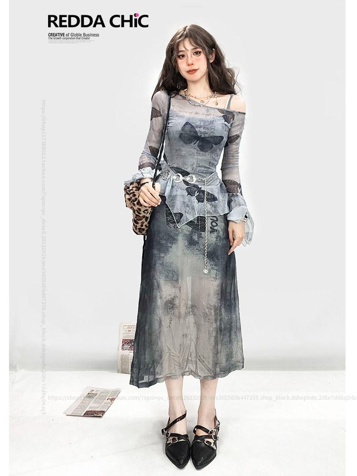REDDACHIC Sheer Butterfly Off Shoulder Asymmetrical Ruffle Women'S Long Sleeve T-Shirts