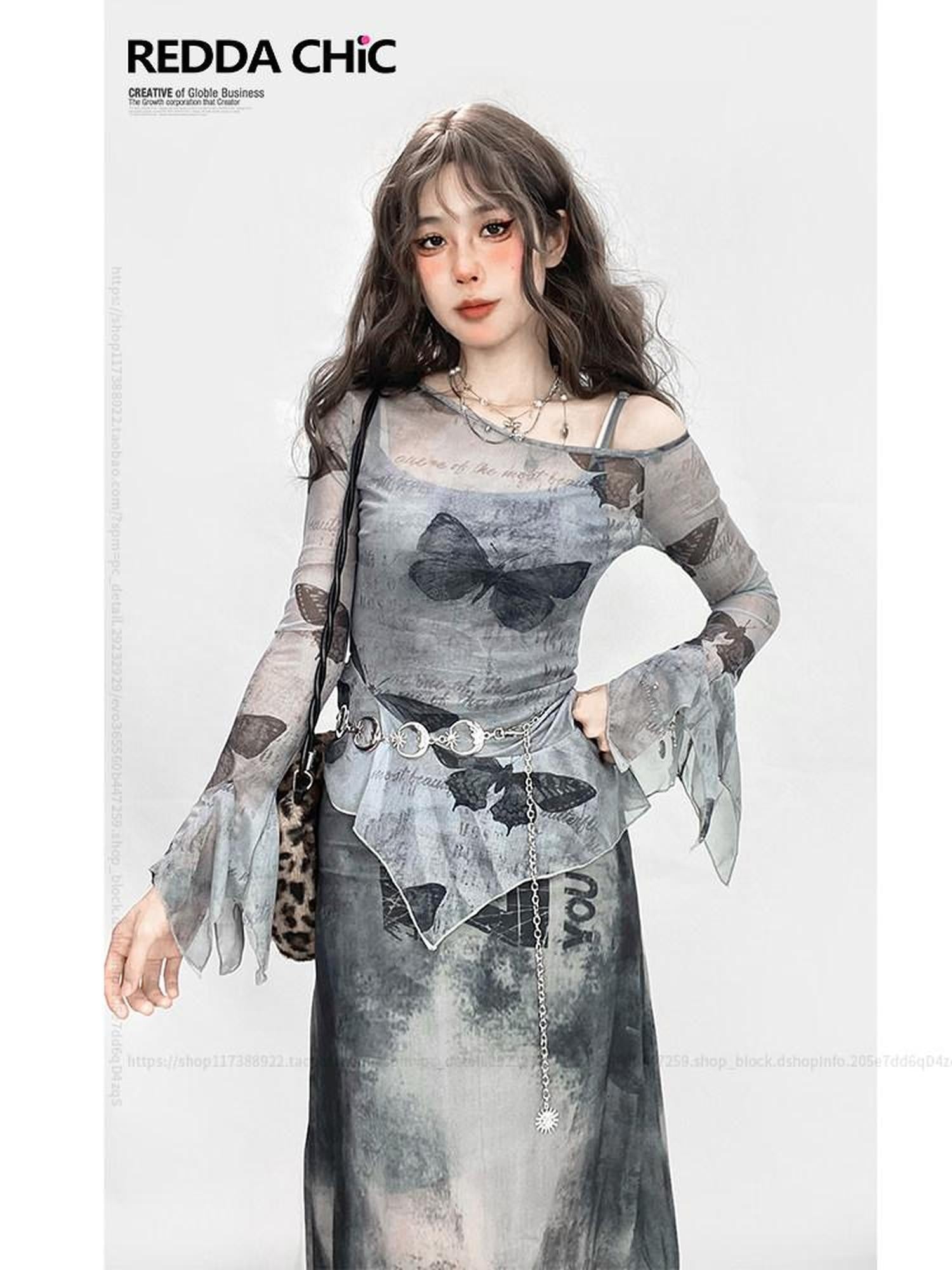 REDDACHIC Sheer Butterfly Off Shoulder Asymmetrical Ruffle Women'S Long Sleeve T-Shirts