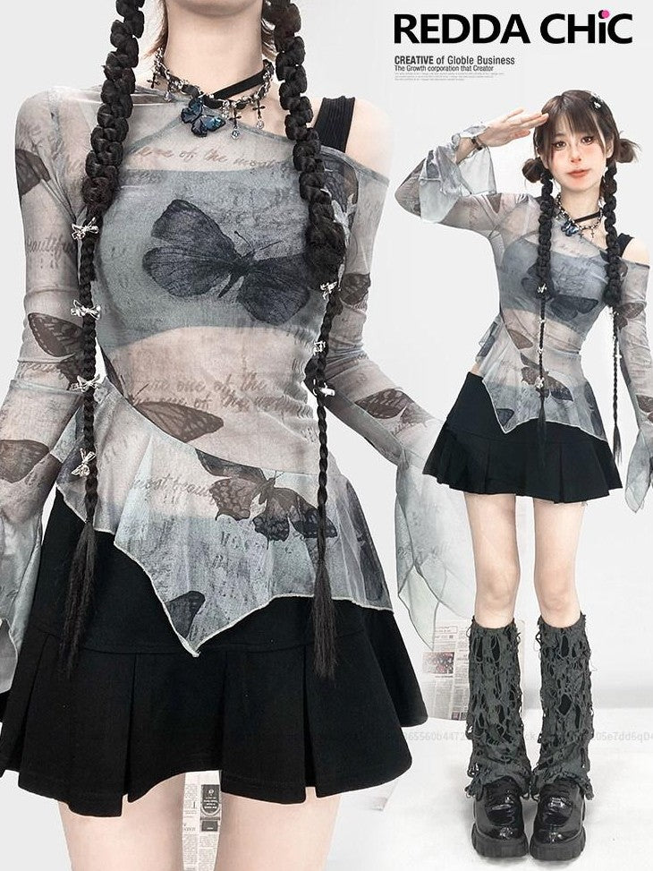 REDDACHIC Sheer Butterfly Off Shoulder Asymmetrical Ruffle Women'S Long Sleeve T-Shirts