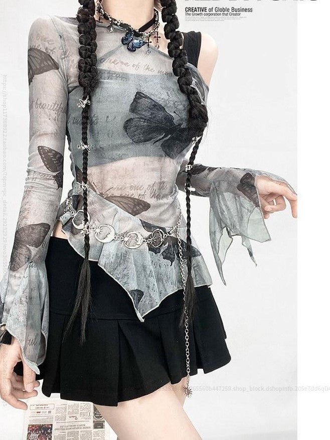 REDDACHIC Sheer Butterfly Off Shoulder Asymmetrical Ruffle Women'S Long Sleeve T-Shirts