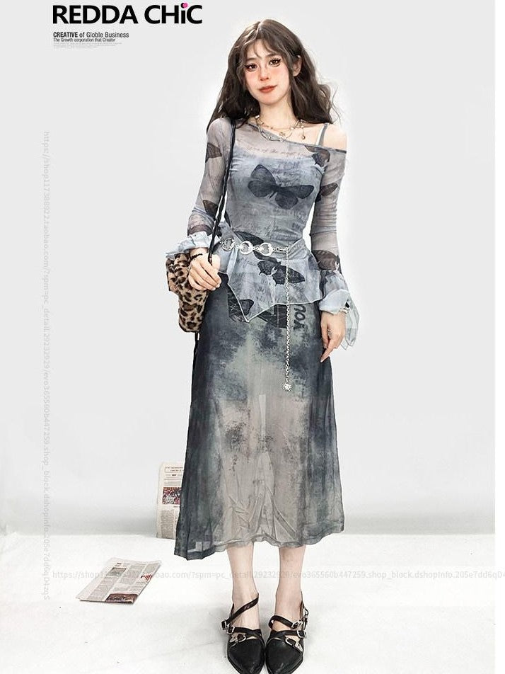 REDDACHIC Sheer Butterfly Off Shoulder Asymmetrical Ruffle Women'S Long Sleeve T-Shirts