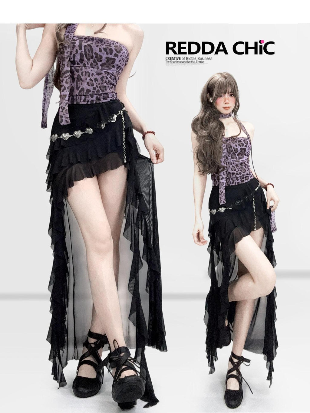 REDDACHIC Sheer Mesh Asymmetric Ruffle High Waist Spliced Women'S Maxi Skirts