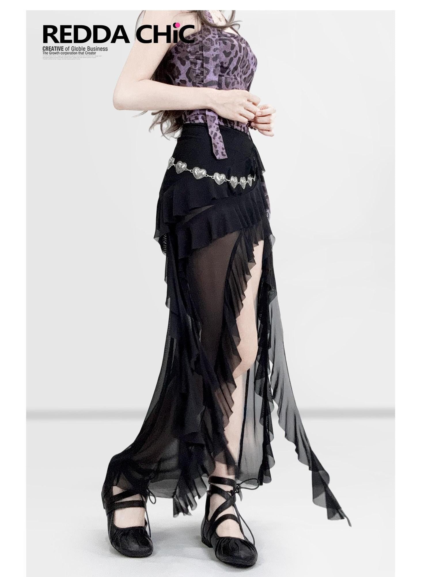 REDDACHIC Sheer Mesh Asymmetric Ruffle High Waist Spliced Women'S Maxi Skirts