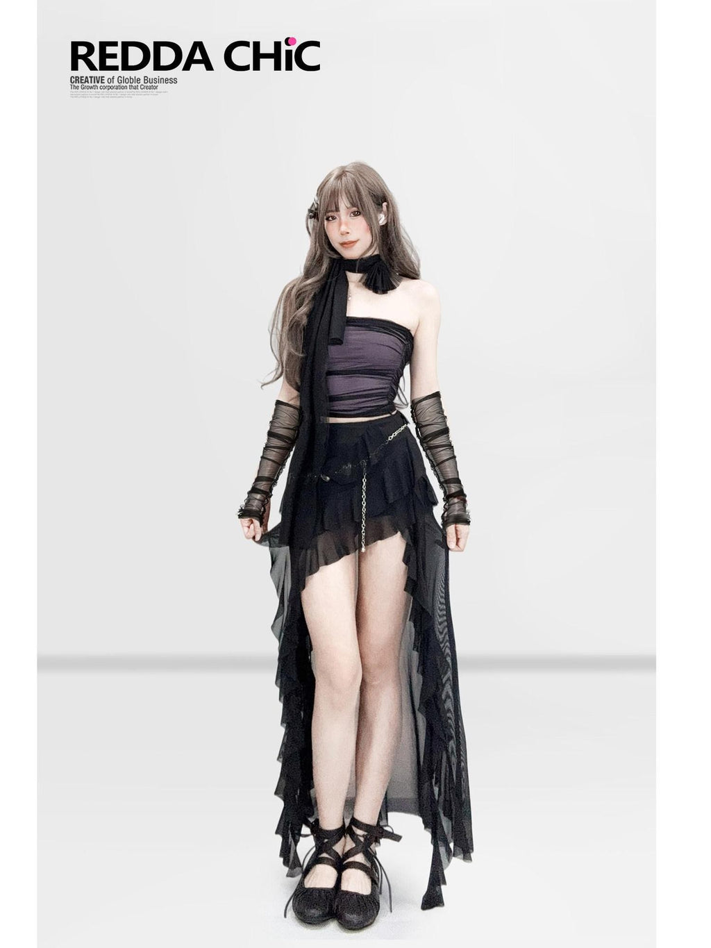 REDDACHIC Sheer Mesh Asymmetric Ruffle High Waist Spliced Women'S Maxi Skirts