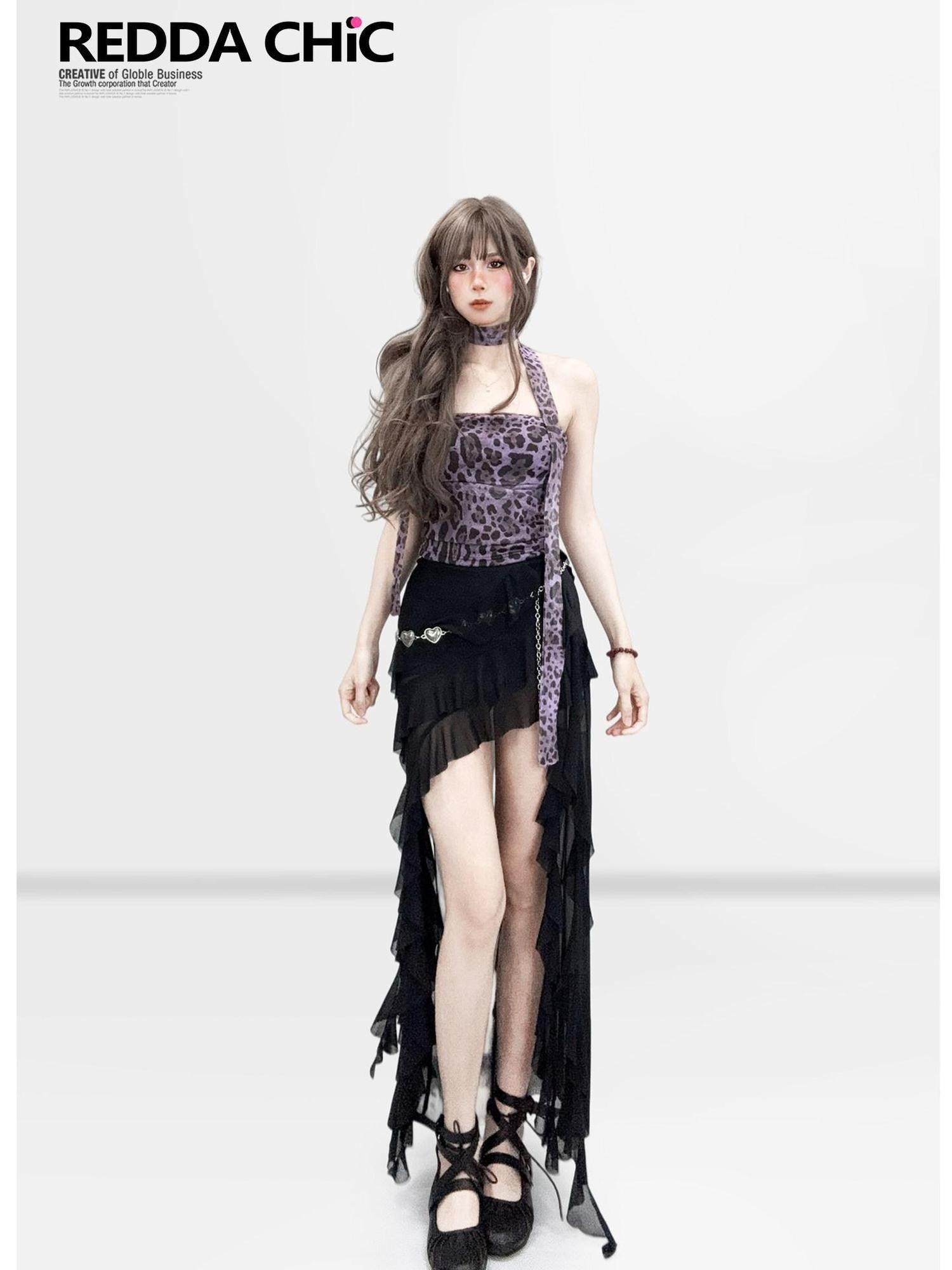 REDDACHIC Sheer Mesh Asymmetric Ruffle High Waist Spliced Women'S Maxi Skirts