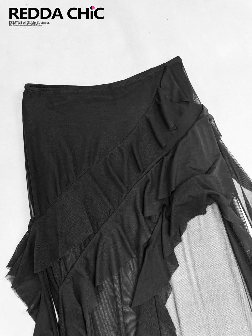REDDACHIC Sheer Mesh Asymmetric Ruffle High Waist Spliced Women'S Maxi Skirts