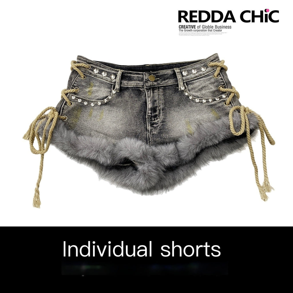 REDDACHIC_Smoky_Gray_Y2K_Retro_Tie_Patchwork_Fuzzy_Slim_Women'S_Denim_Shorts_MISSTT