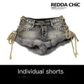 REDDACHIC_Smoky_Gray_Y2K_Retro_Tie_Patchwork_Fuzzy_Slim_Women'S_Denim_Shorts_MISSTT