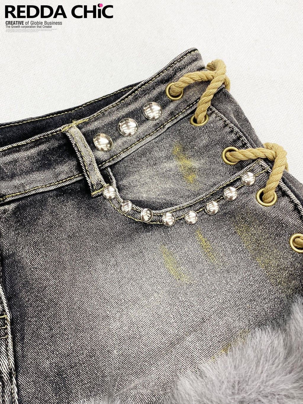 REDDACHIC Smoky Gray Y2K Retro Tie Patchwork Fuzzy Slim Women'S Denim Shorts