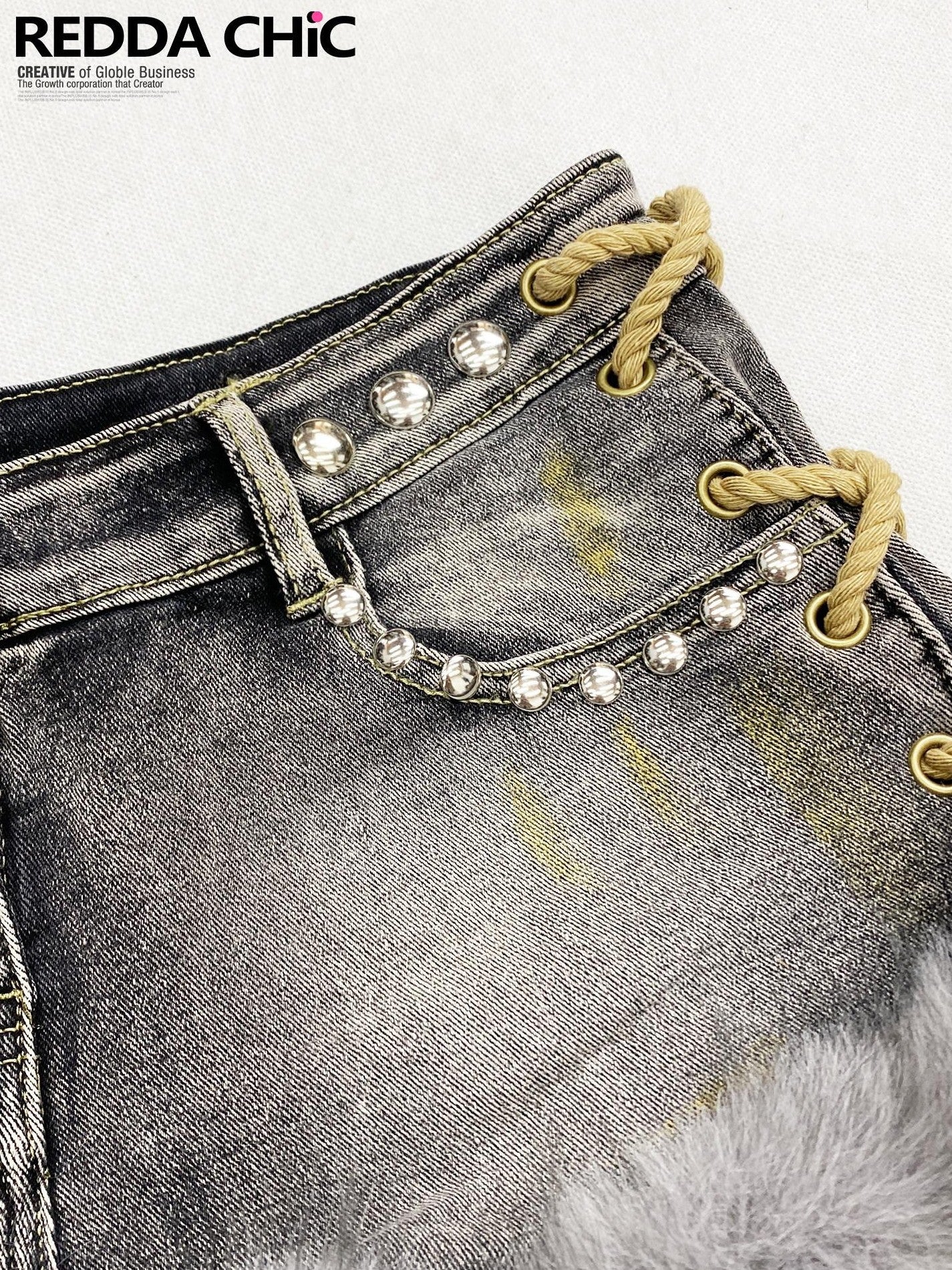 REDDACHIC Smoky Gray Y2K Retro Tie Patchwork Fuzzy Slim Women'S Denim Shorts