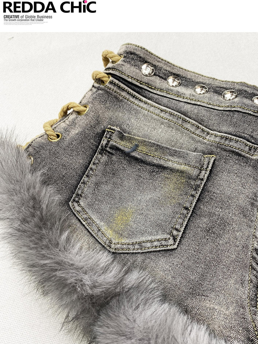 REDDACHIC Smoky Gray Y2K Retro Tie Patchwork Fuzzy Slim Women'S Denim Shorts