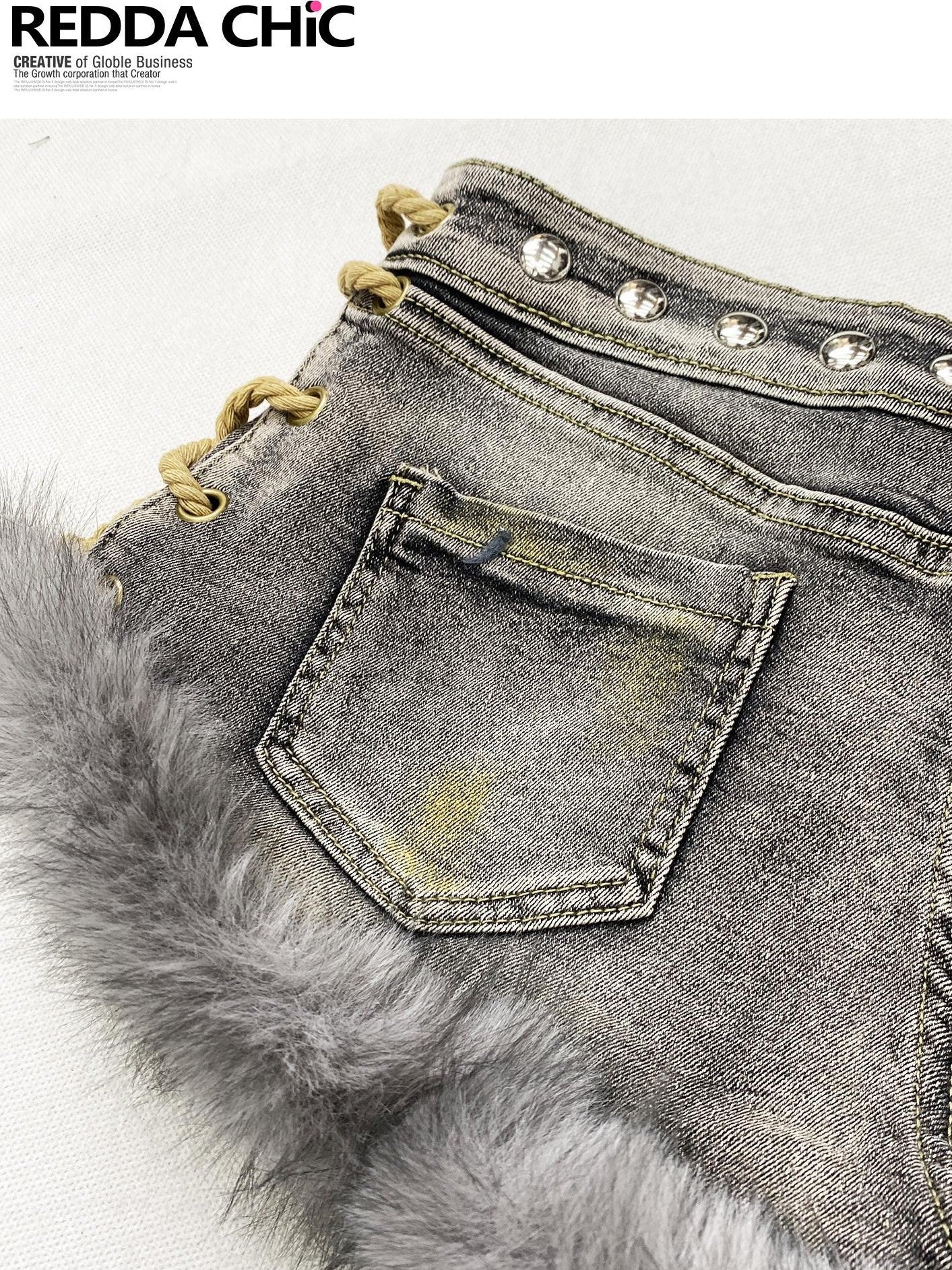 REDDACHIC Smoky Gray Y2K Retro Tie Patchwork Fuzzy Slim Women'S Denim Shorts