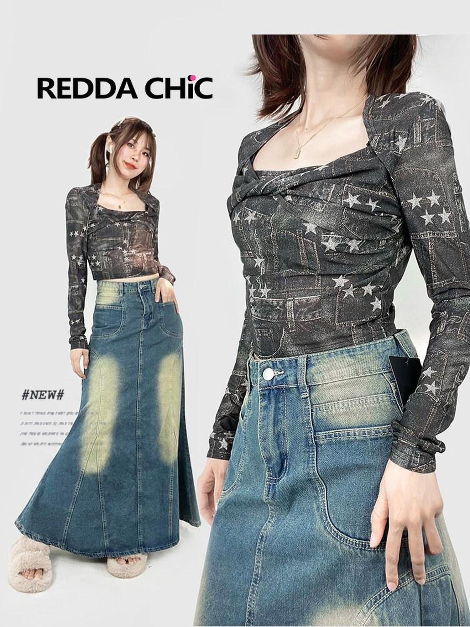 REDDACHIC Star Mesh Twist Knot Cropped Square Neck Women'S Long Sleeve T-Shirts