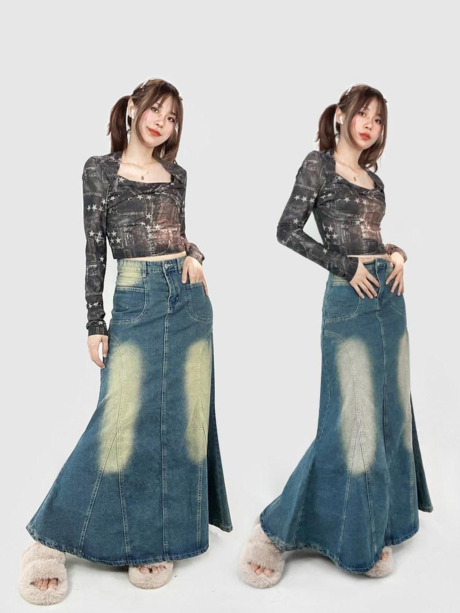 REDDACHIC Star Mesh Twist Knot Cropped Square Neck Women'S Long Sleeve T-Shirts