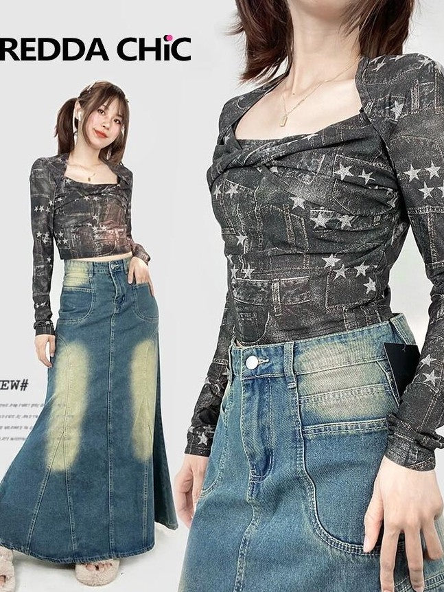 REDDACHIC Star Mesh Twist Knot Cropped Square Neck Women'S Long Sleeve T-Shirts