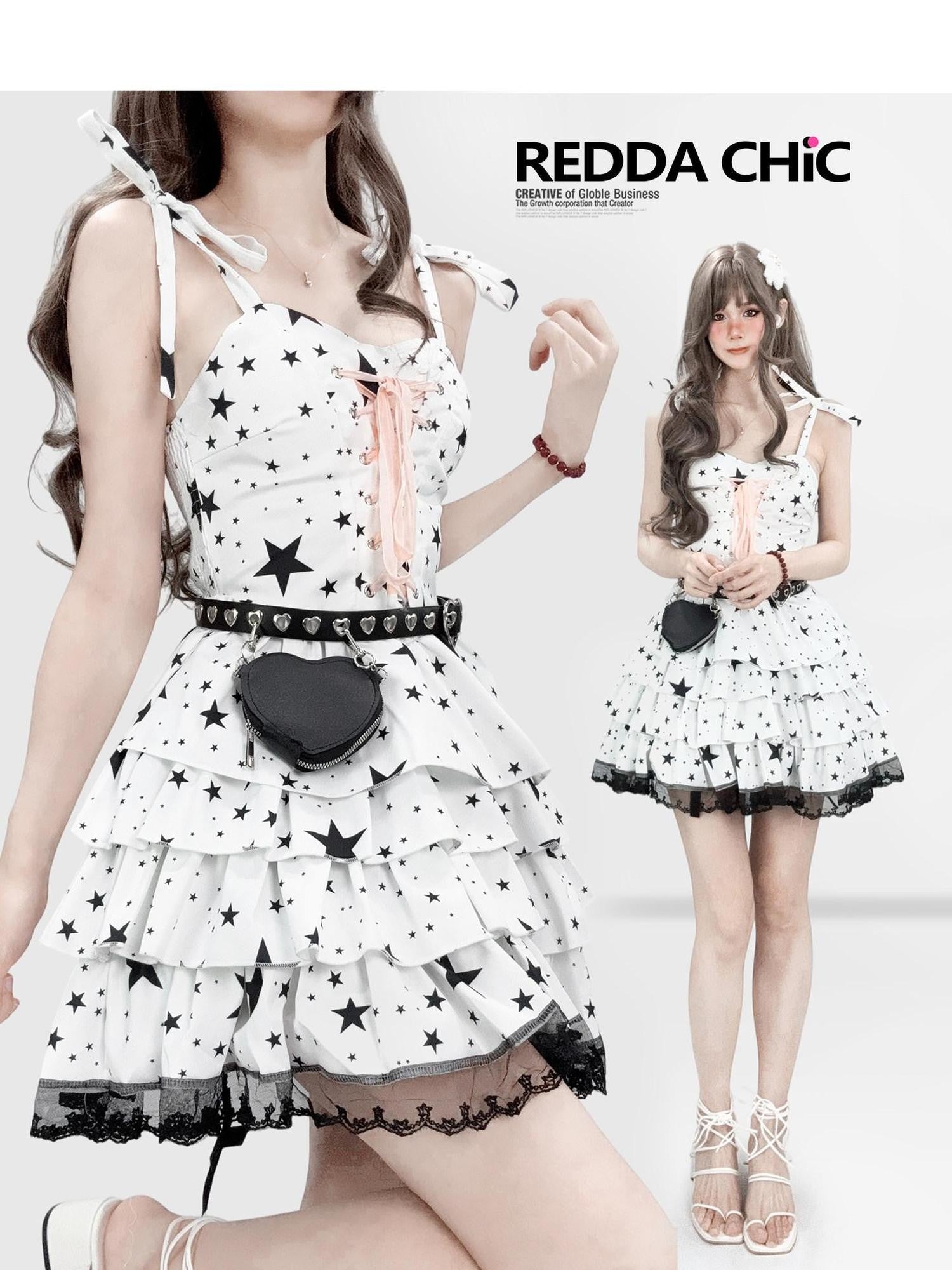 REDDACHIC Star Print Padded Bust A Line Cake Skirt Women'S Polyester Slip Mini Dresses
