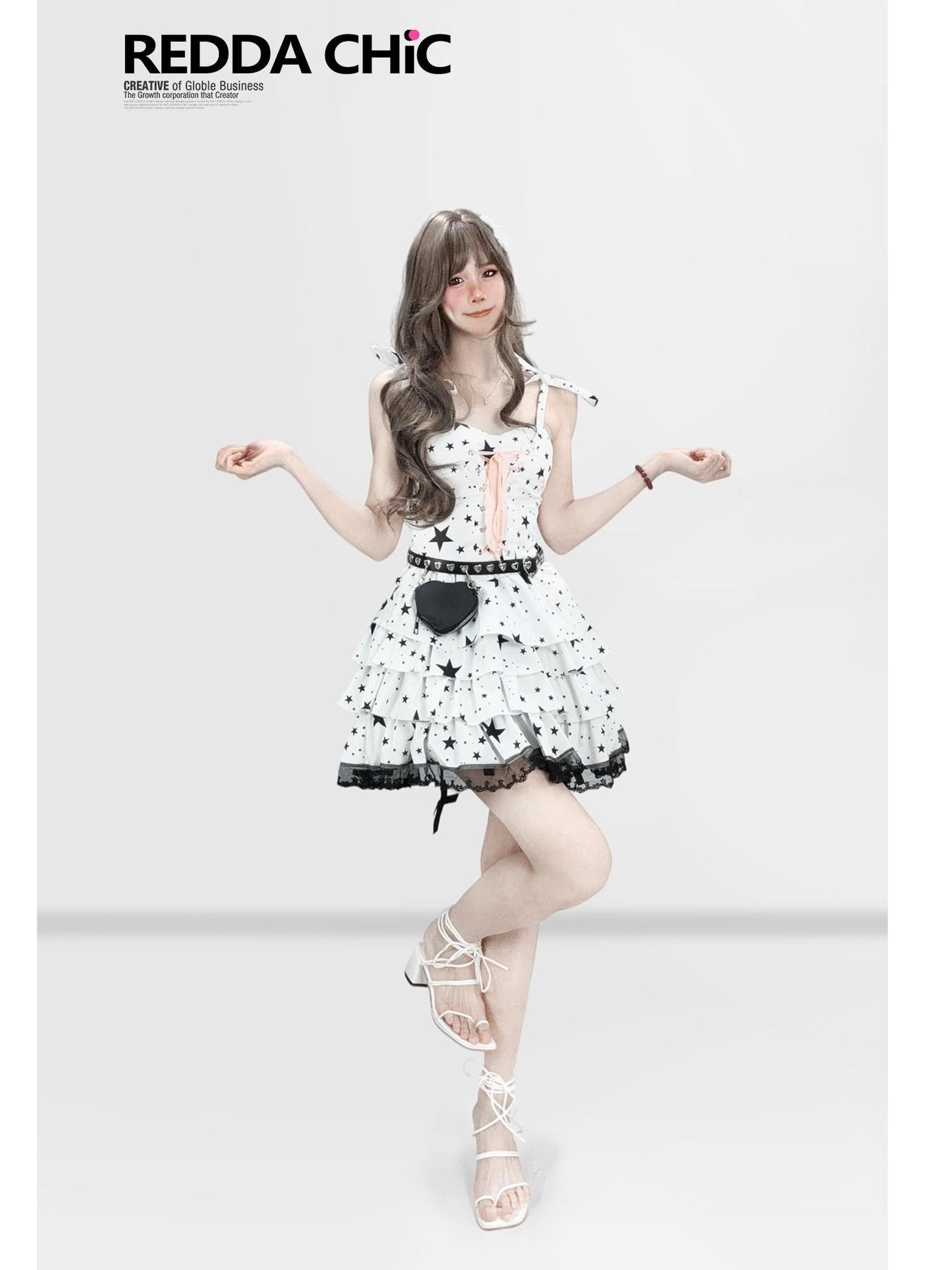 REDDACHIC Star Print Padded Bust A Line Cake Skirt Women'S Polyester Slip Mini Dresses