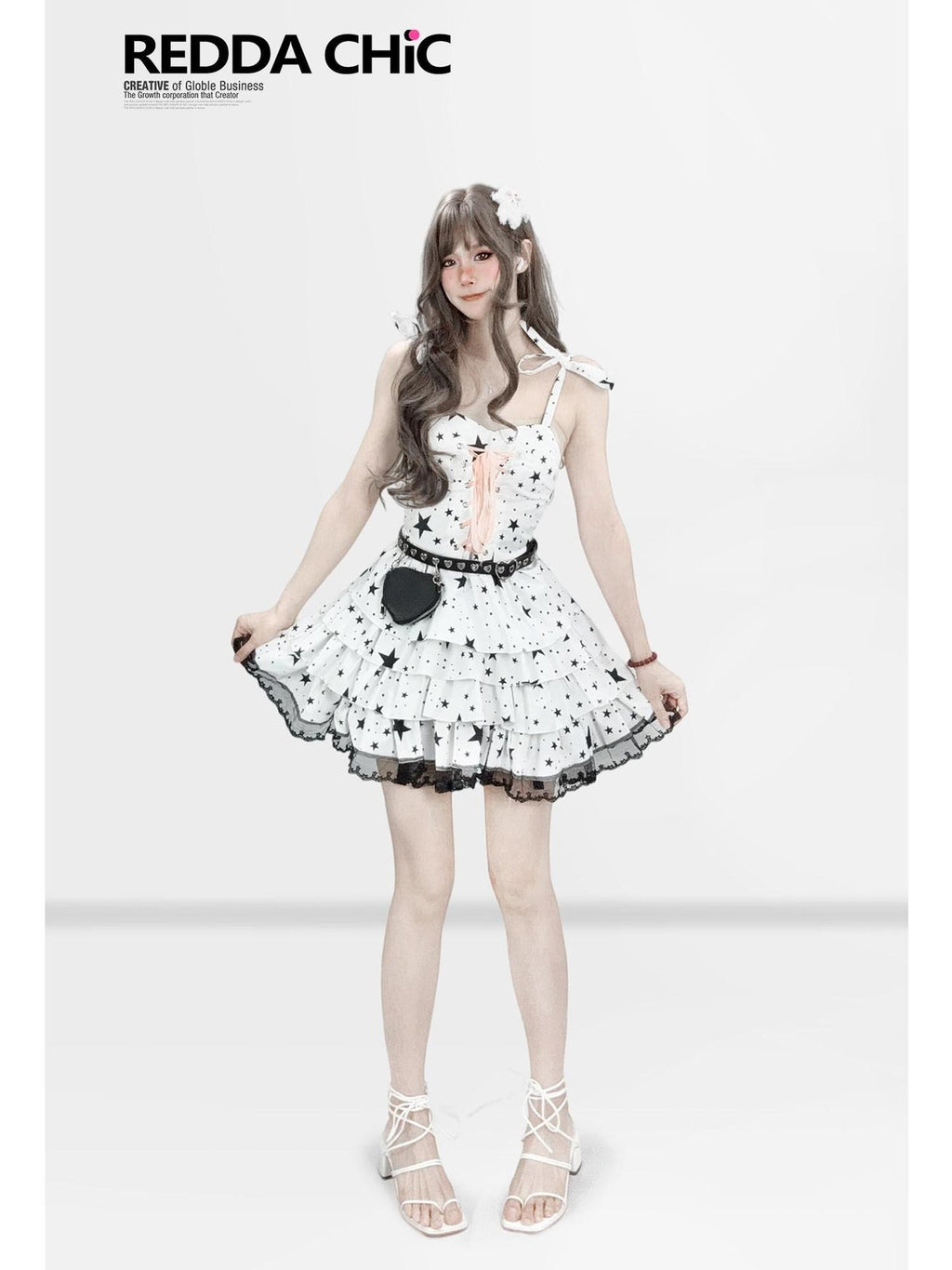REDDACHIC Star Print Padded Bust A Line Cake Skirt Women'S Polyester Slip Mini Dresses