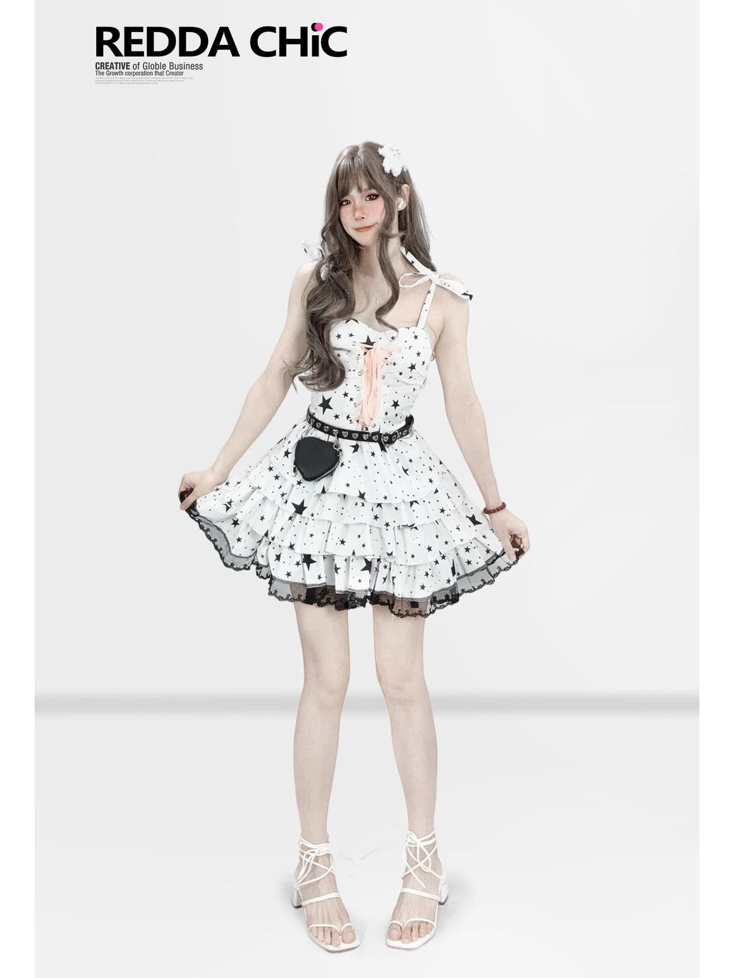 REDDACHIC Star Print Padded Bust A Line Cake Skirt Women'S Polyester Slip Mini Dresses