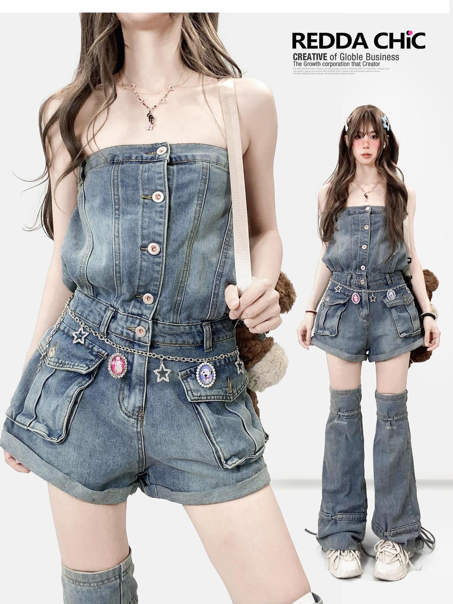 REDDACHIC Strapless One Piece Waist Cinch High Waist Wide Leg Women'S Denim Short Trousers