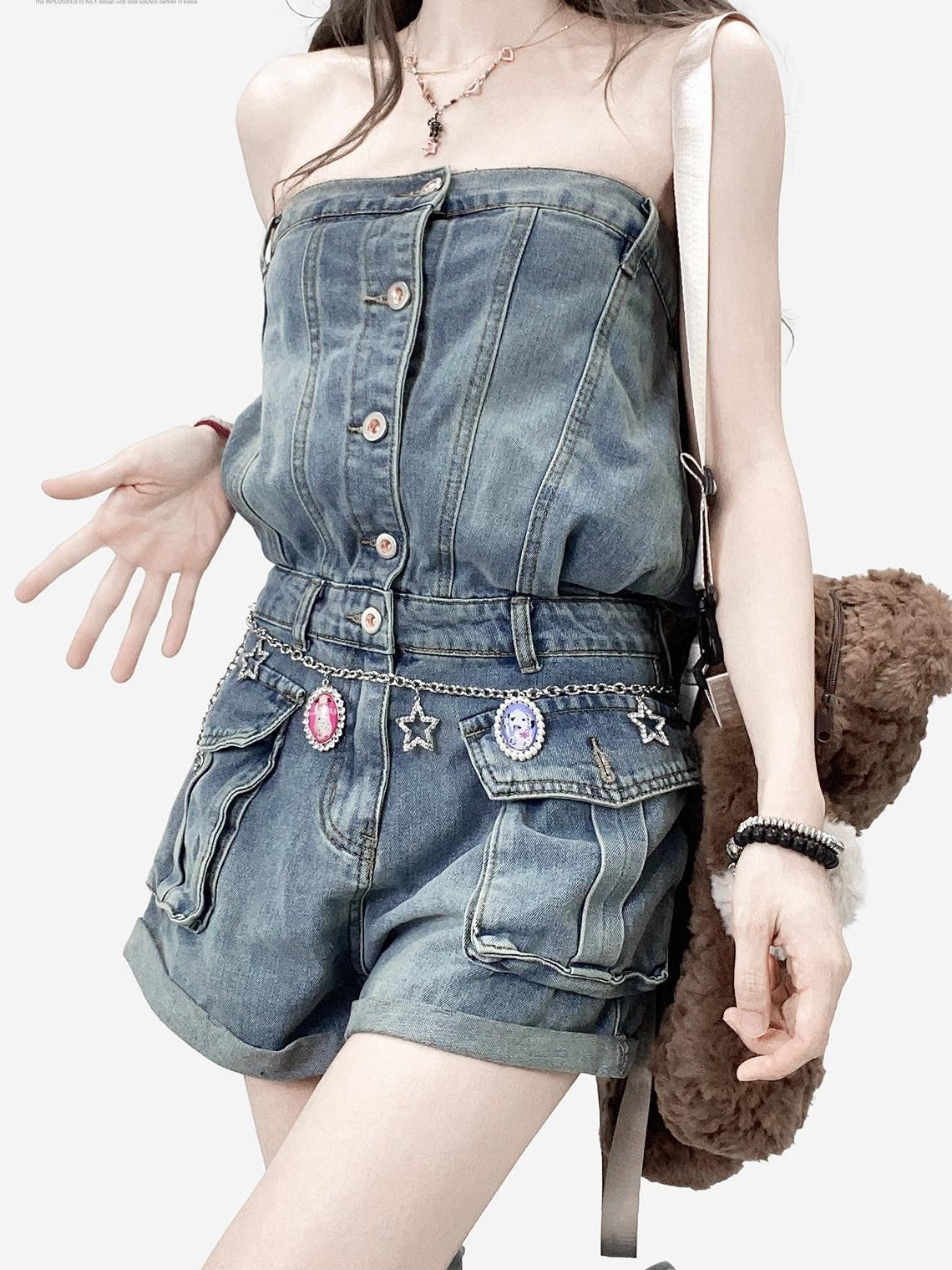 REDDACHIC Strapless One Piece Waist Cinch High Waist Wide Leg Women'S Denim Short Trousers