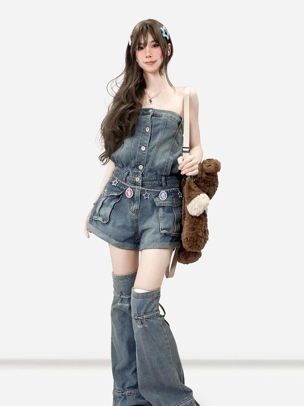 REDDACHIC Strapless One Piece Waist Cinch High Waist Wide Leg Women'S Denim Short Trousers