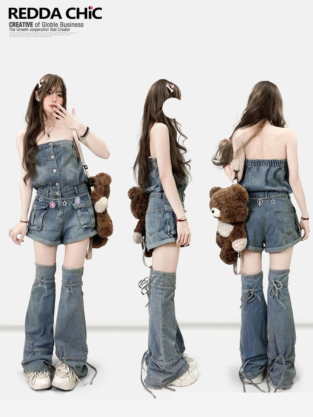 REDDACHIC Strapless One Piece Waist Cinch High Waist Wide Leg Women'S Denim Short Trousers