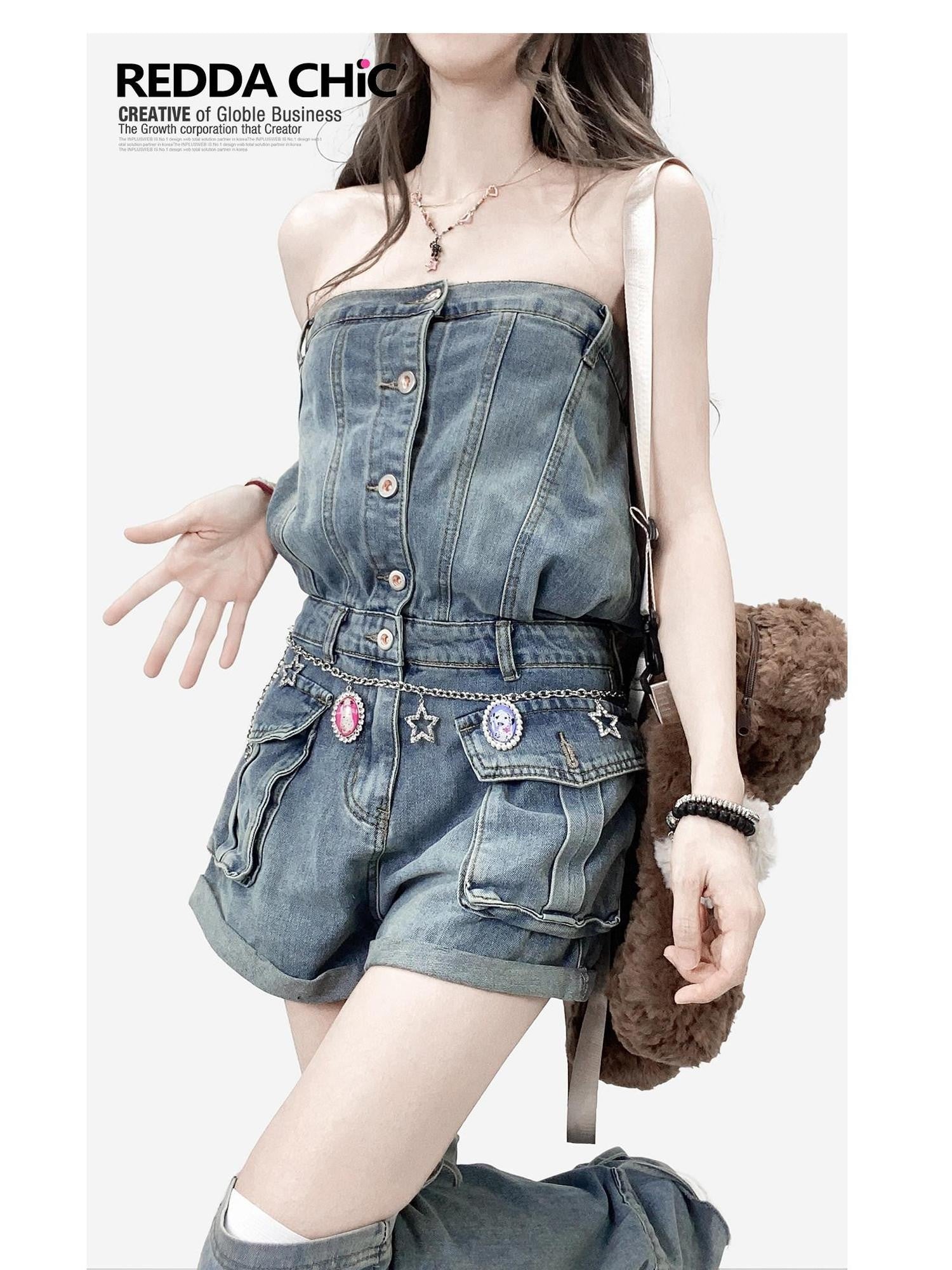 REDDACHIC Strapless One Piece Waist Cinch High Waist Wide Leg Women'S Denim Short Trousers