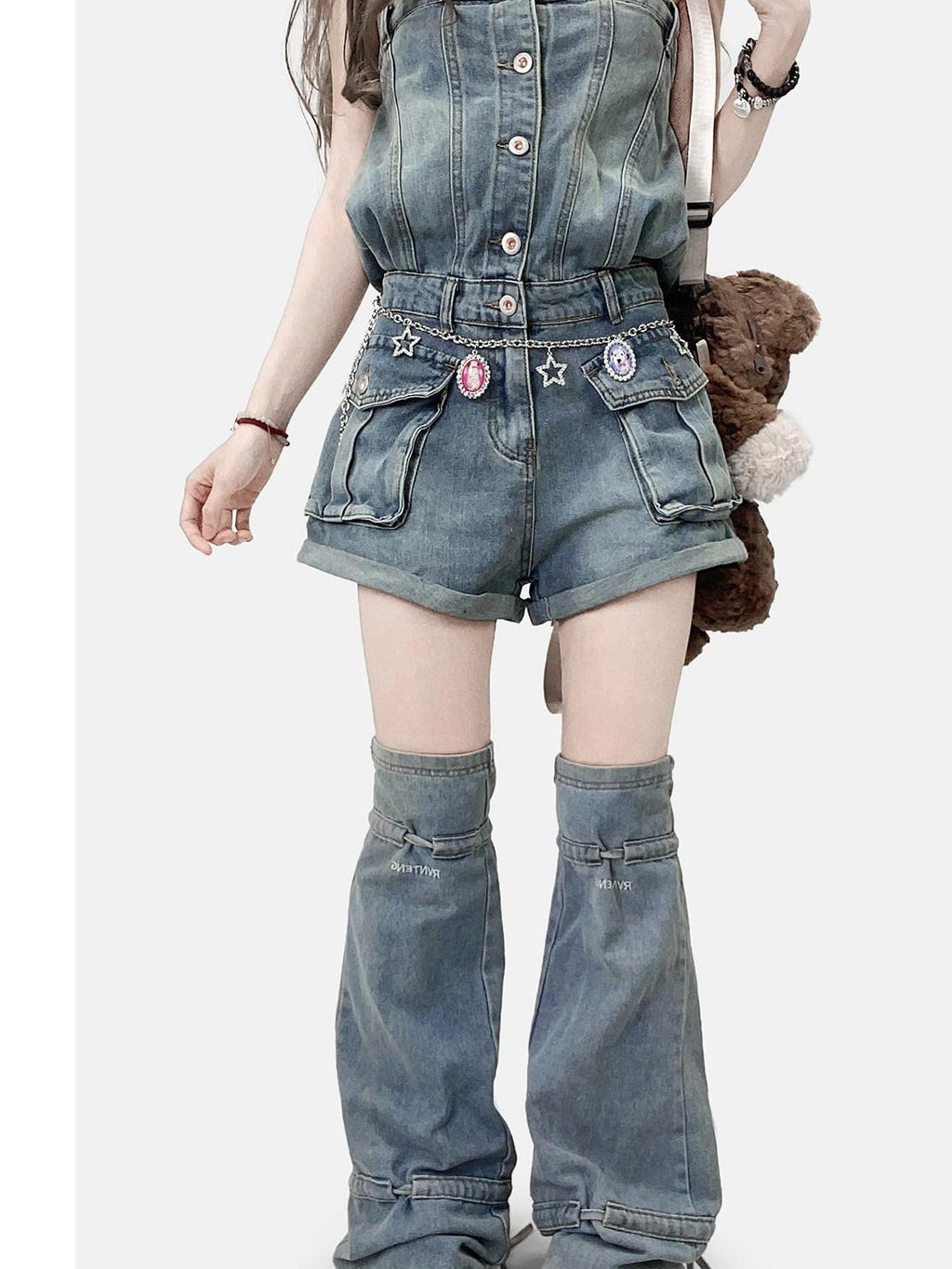 REDDACHIC Strapless One Piece Waist Cinch High Waist Wide Leg Women'S Denim Short Trousers