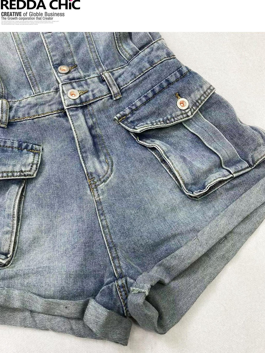 REDDACHIC Strapless One Piece Waist Cinch High Waist Wide Leg Women'S Denim Short Trousers