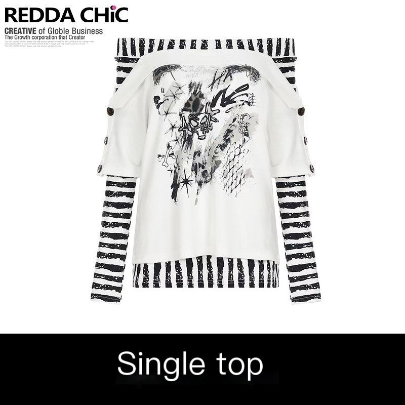 REDDACHIC_Striped_Bardot_Faux_Layered_Cross_Print_Women'S_Long_Sleeve_T-Shirts_MISSTT