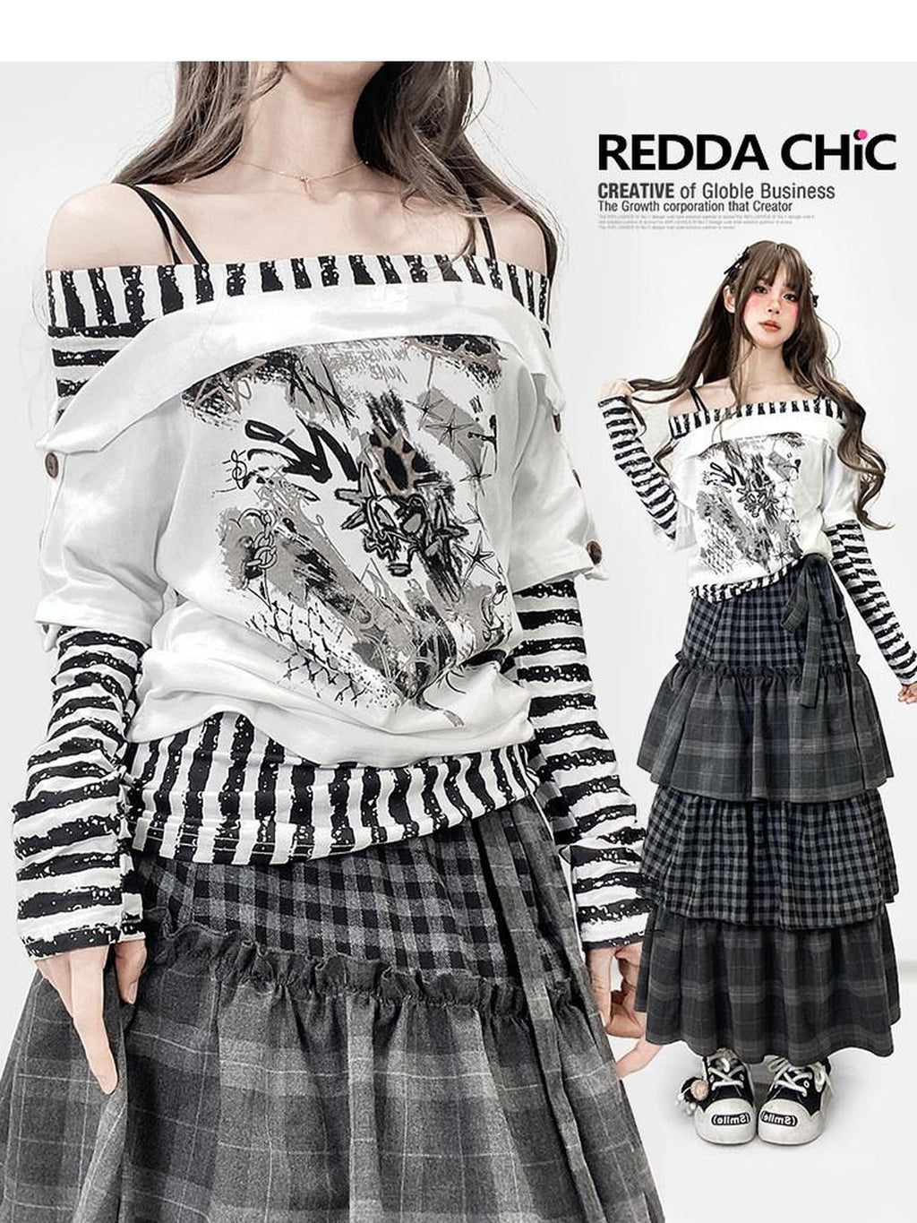 REDDACHIC Striped Bardot Faux Layered Cross Print Women'S Long Sleeve T-Shirts