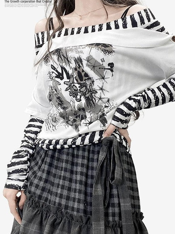 REDDACHIC Striped Bardot Faux Layered Cross Print Women'S Long Sleeve T-Shirts