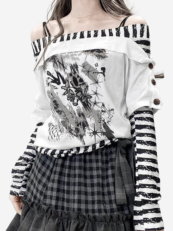 REDDACHIC Striped Bardot Faux Layered Cross Print Women'S Long Sleeve T-Shirts
