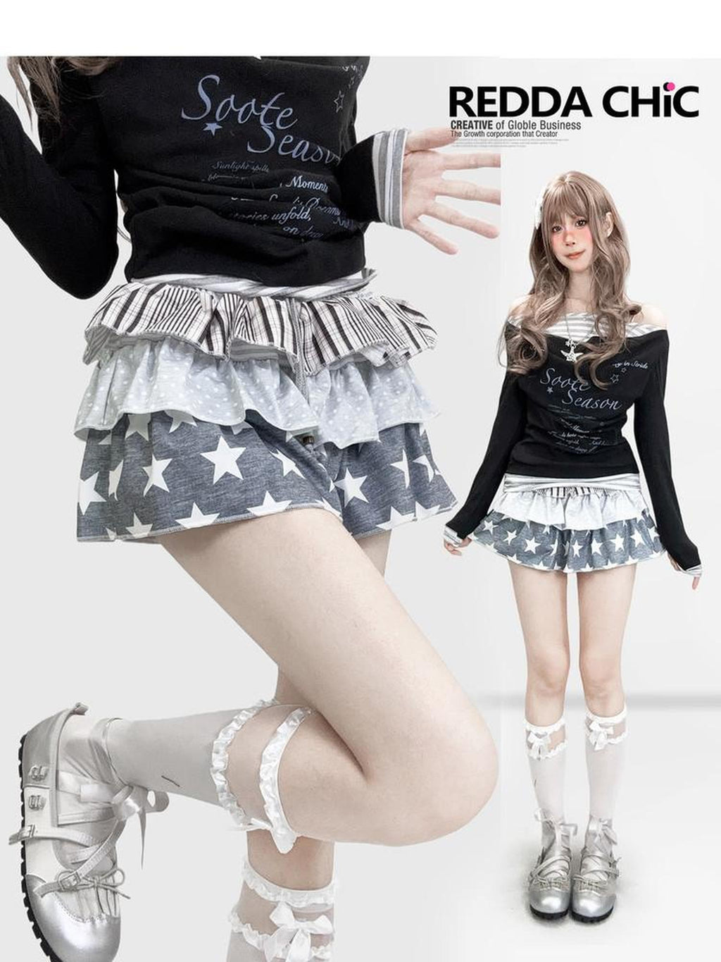 REDDACHIC Striped Polka Dot Patchwork Tiered Ruffle Elastic Waist Women'S Mini Skirts