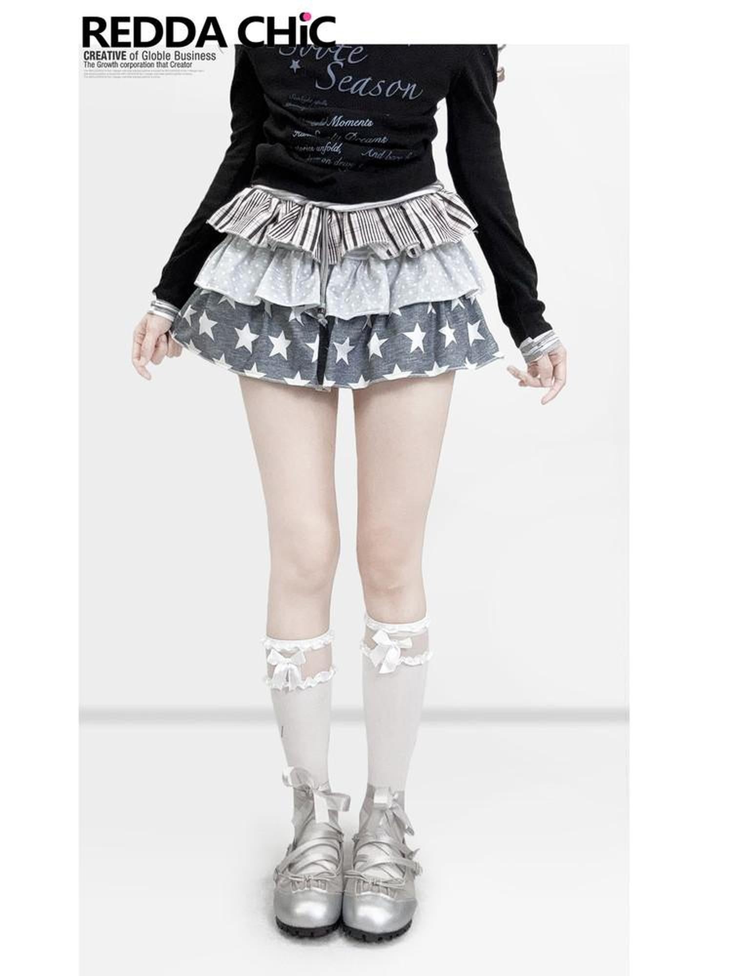 REDDACHIC Striped Polka Dot Patchwork Tiered Ruffle Elastic Waist Women'S Mini Skirts