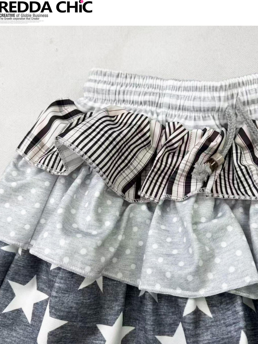 REDDACHIC Striped Polka Dot Patchwork Tiered Ruffle Elastic Waist Women'S Mini Skirts