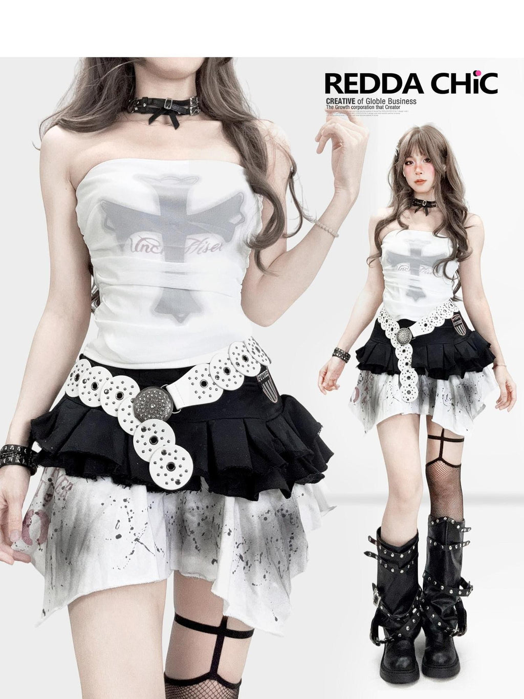 REDDACHIC Subculture Dark Cross Mesh Spliced Women'S Cropped Tube Tops / Bandeaus