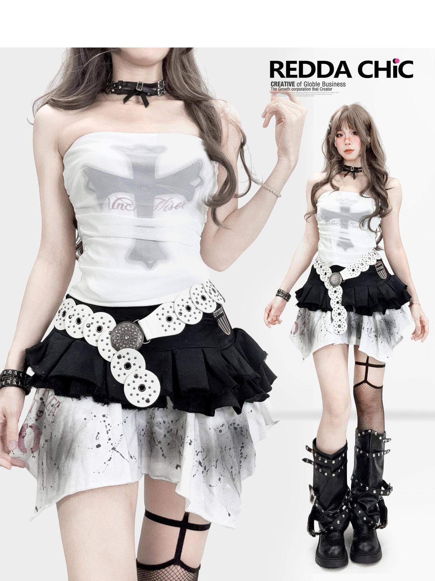 REDDACHIC Subculture Dark Cross Mesh Spliced Women'S Cropped Tube Tops / Bandeaus