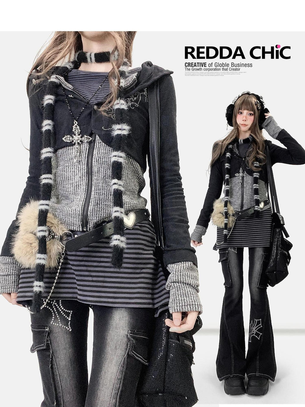 REDDACHIC Subculture Hooded Faux Two Piece Black Spliced Slim Fit Women'S Cardigans