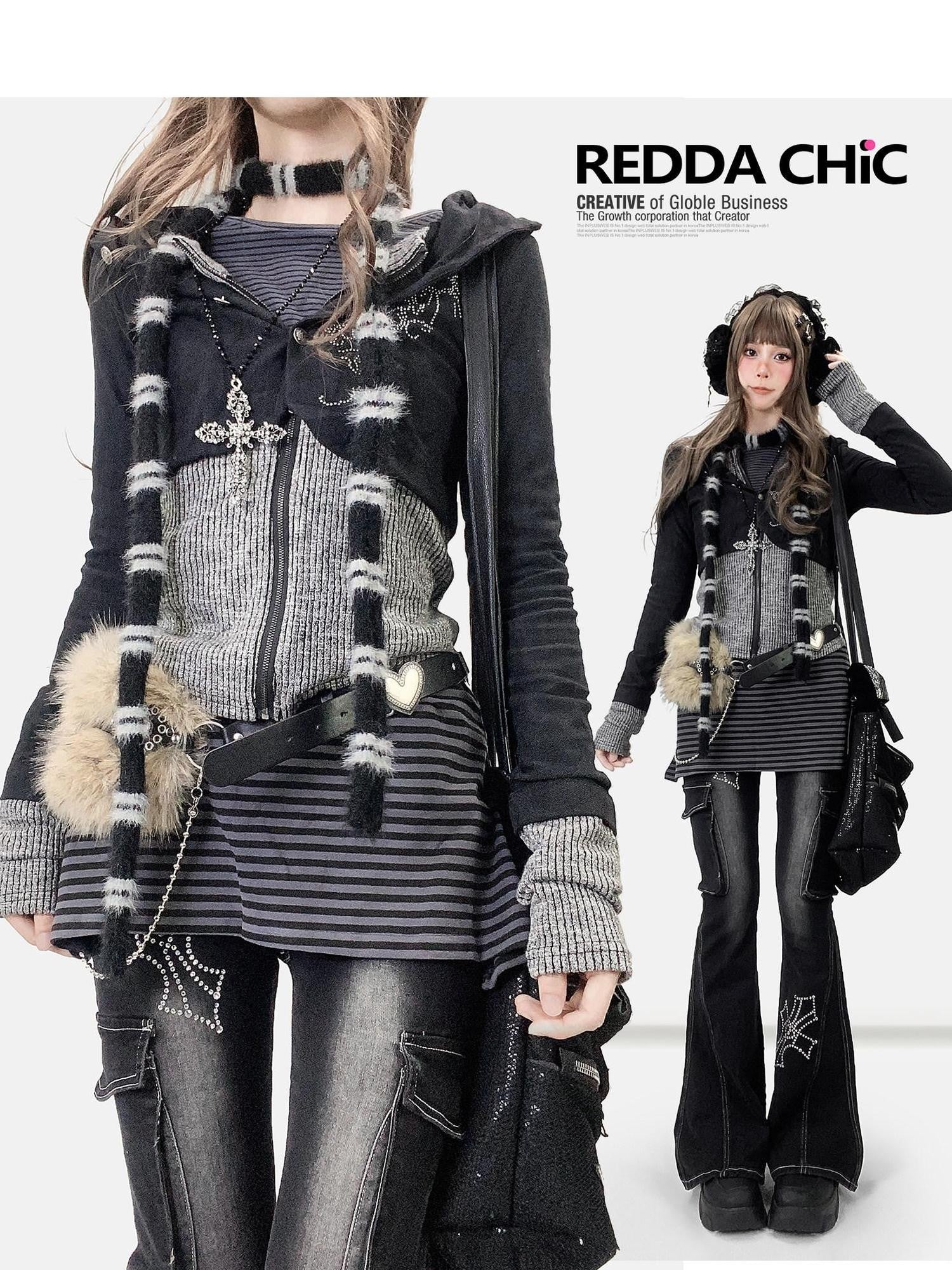 REDDACHIC Subculture Hooded Faux Two Piece Black Spliced Slim Fit Women'S Cardigans