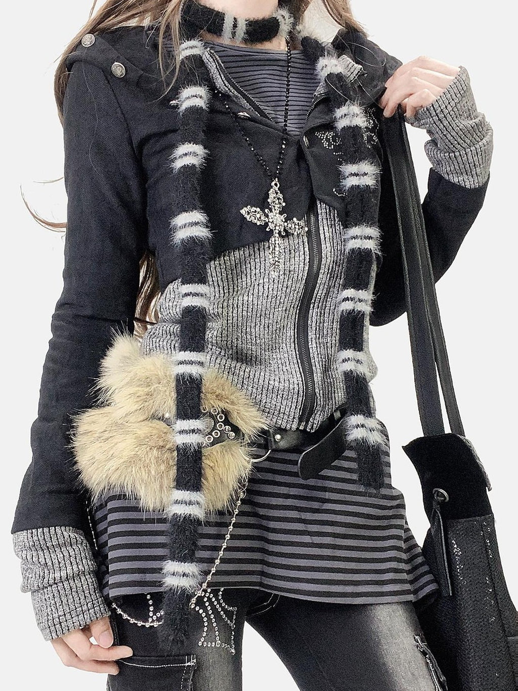 REDDACHIC Subculture Hooded Faux Two Piece Black Spliced Slim Fit Women'S Cardigans