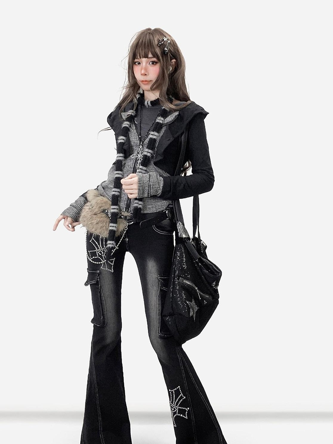 REDDACHIC Subculture Hooded Faux Two Piece Black Spliced Slim Fit Women'S Cardigans