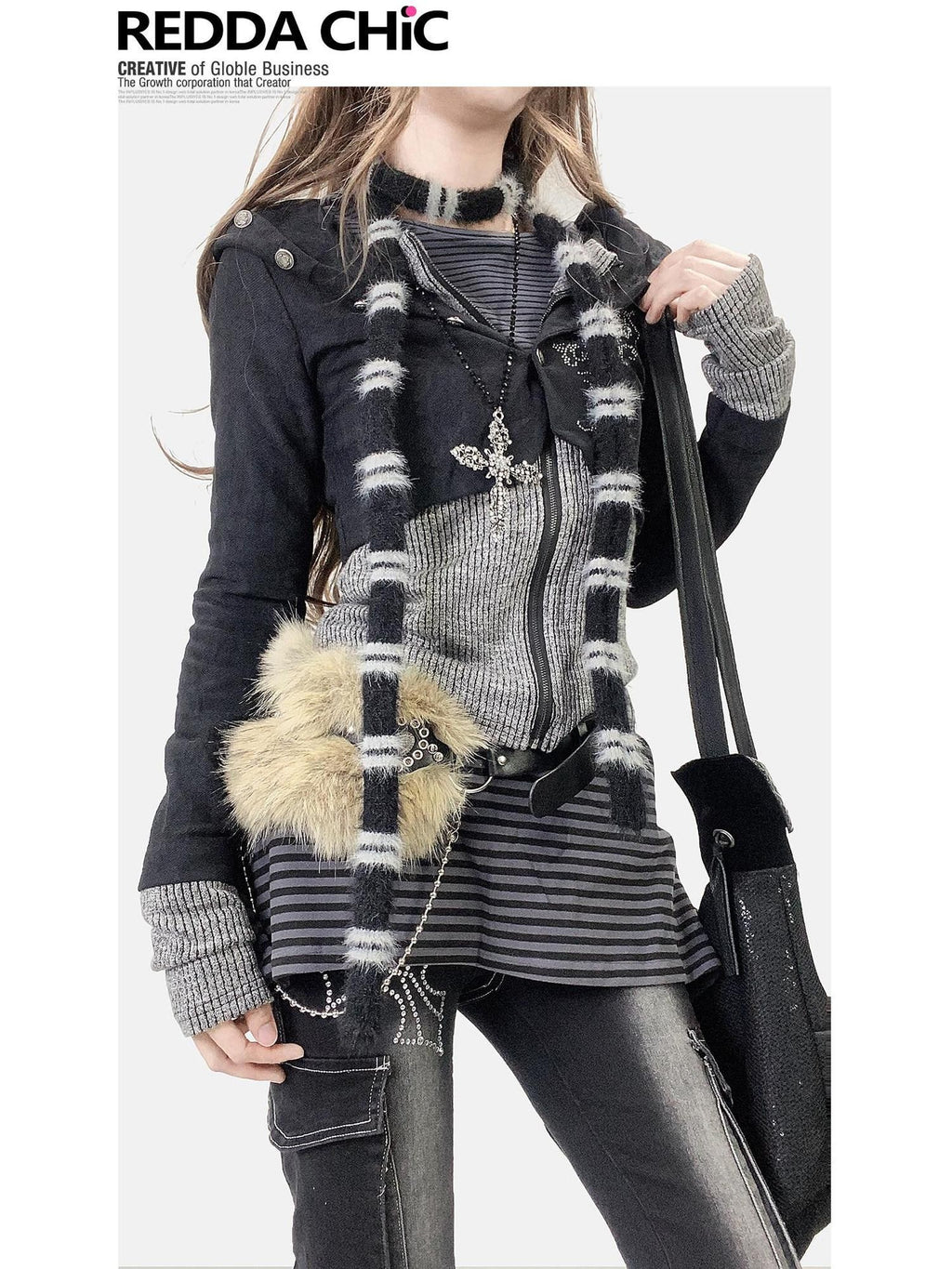 REDDACHIC Subculture Hooded Faux Two Piece Black Spliced Slim Fit Women'S Cardigans