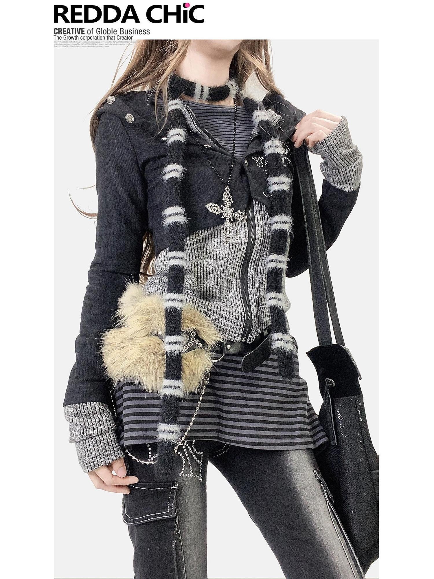 REDDACHIC Subculture Hooded Faux Two Piece Black Spliced Slim Fit Women'S Cardigans